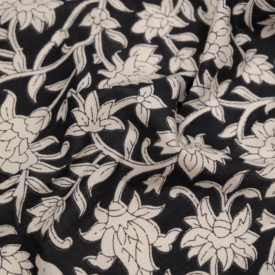 Vine Block Printed Organic Cotton Batiste - Black/Eggshell