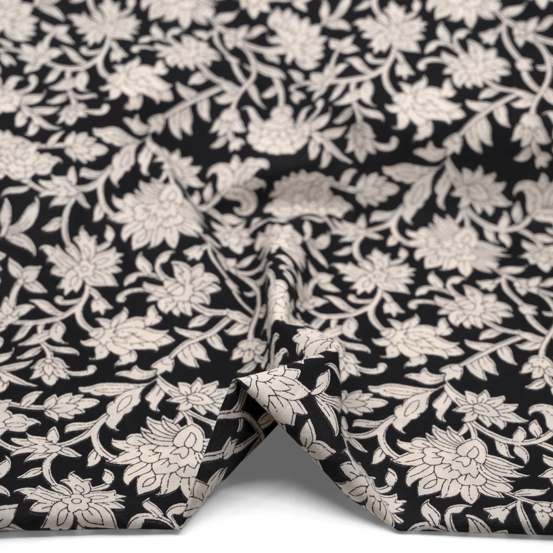 Vine Block Printed Organic Cotton Batiste - Black/Eggshell - Image 2
