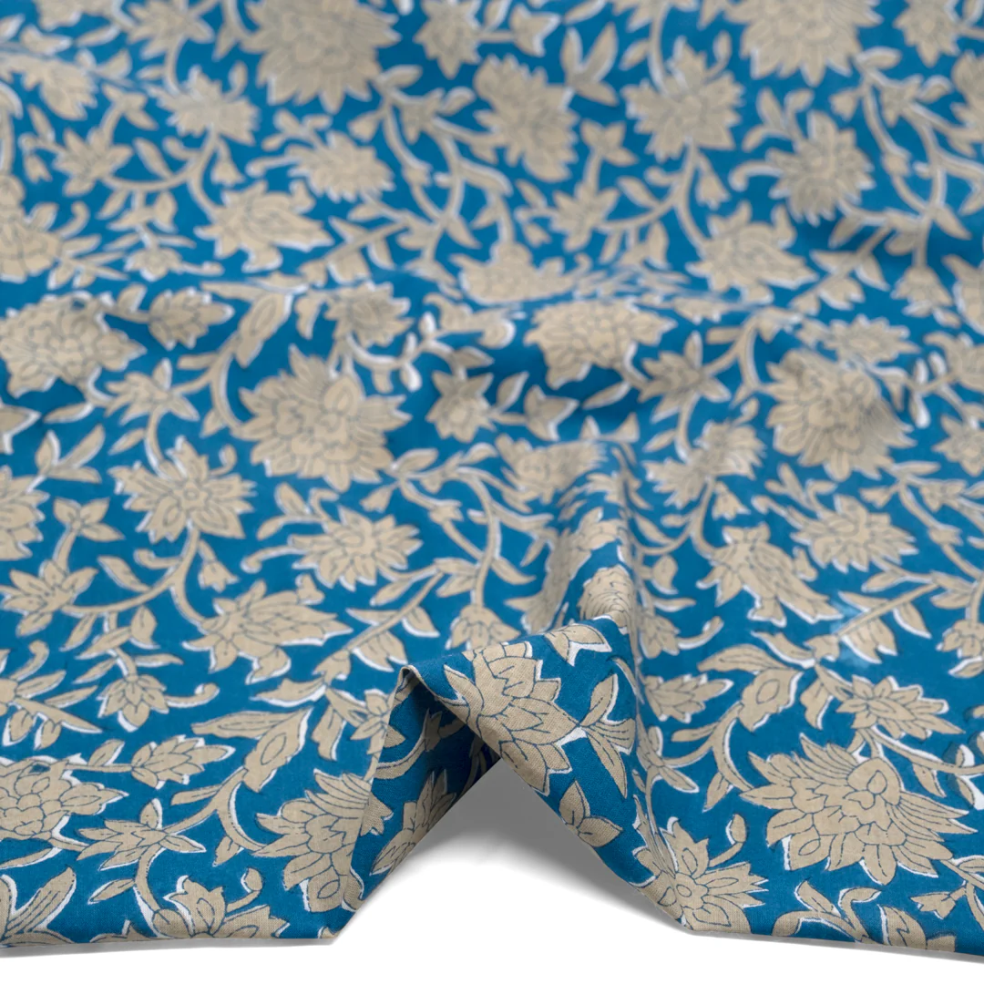 Vine Block Printed Organic Cotton Batiste - Blue Bird/Flax - Image 2