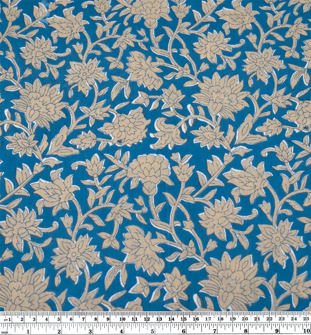 Vine Block Printed Organic Cotton Batiste - Blue Bird/Flax - Image 3