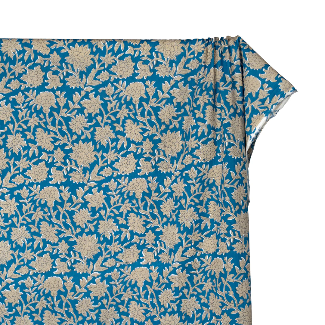 Vine Block Printed Organic Cotton Batiste - Blue Bird/Flax - Image 4