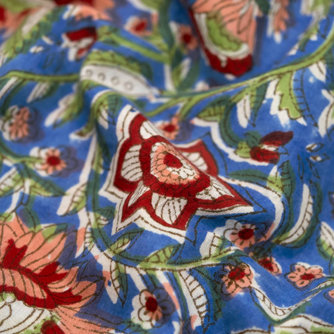 Vine Block Printed Organic Cotton Batiste - Cerulean/Leaf Green/Crimson - Image 2