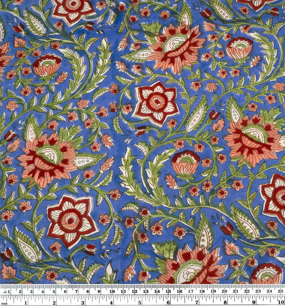 Vine Block Printed Organic Cotton Batiste - Cerulean/Leaf Green/Crimson - Image 3