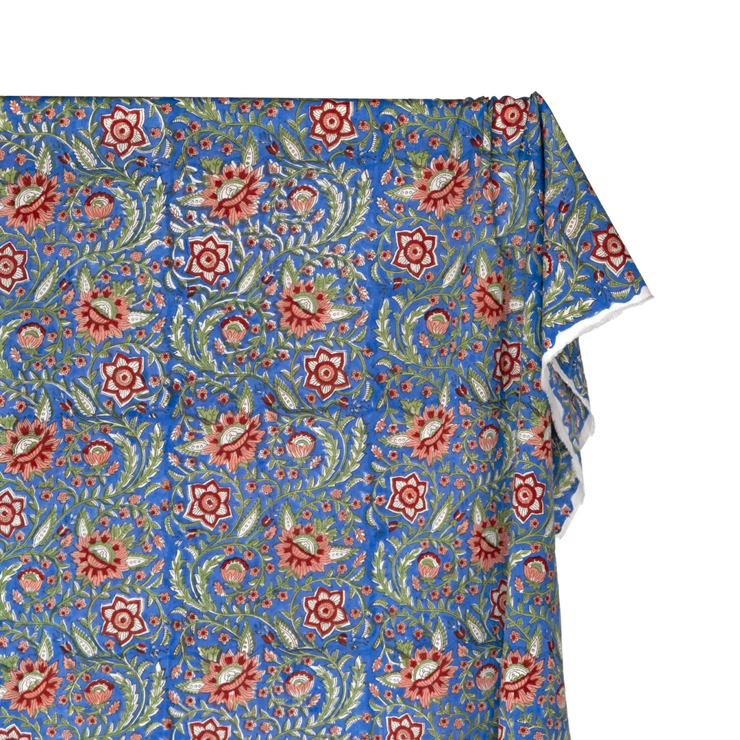 Vine Block Printed Organic Cotton Batiste - Cerulean/Leaf Green/Crimson - Image 4