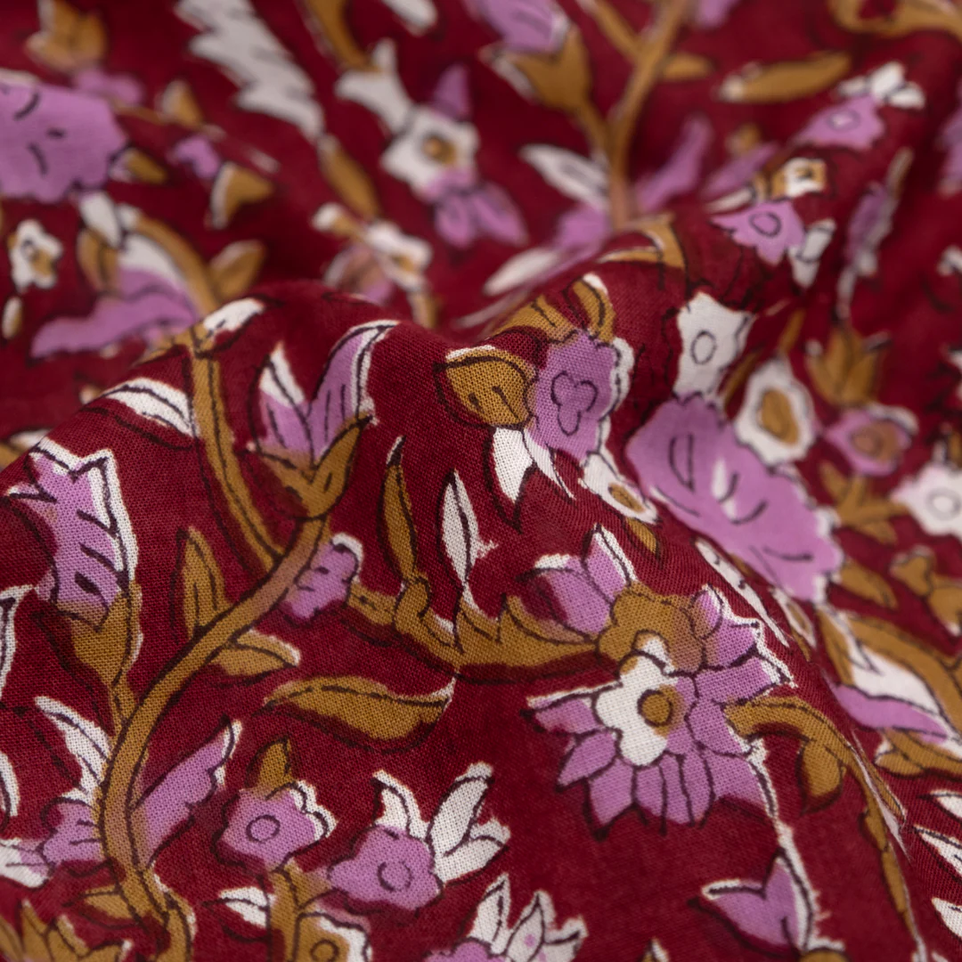 Vine Block Printed Organic Cotton Batiste - Crimson/Ochre/Dahlia