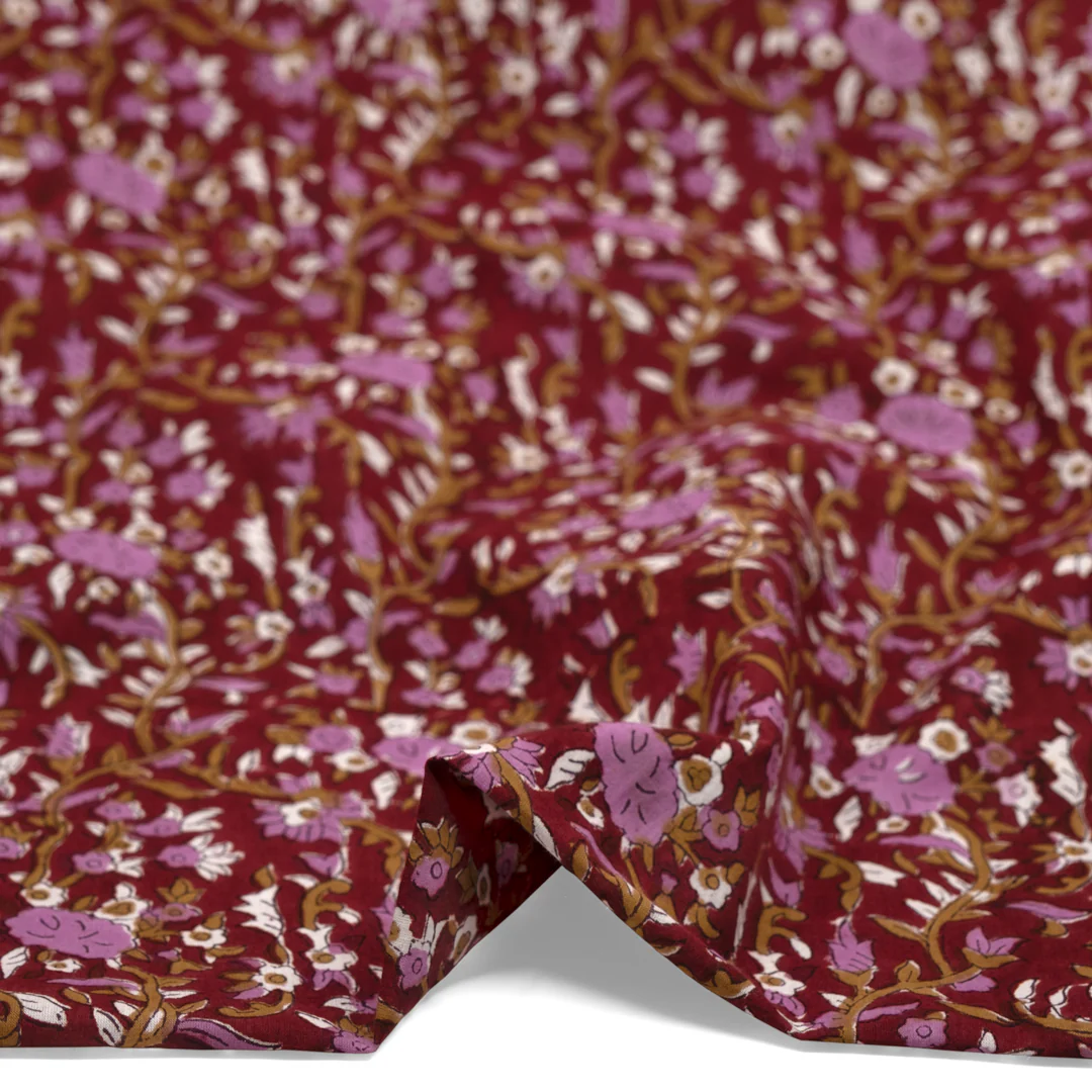 Vine Block Printed Organic Cotton Batiste - Crimson/Ochre/Dahlia - Image 2