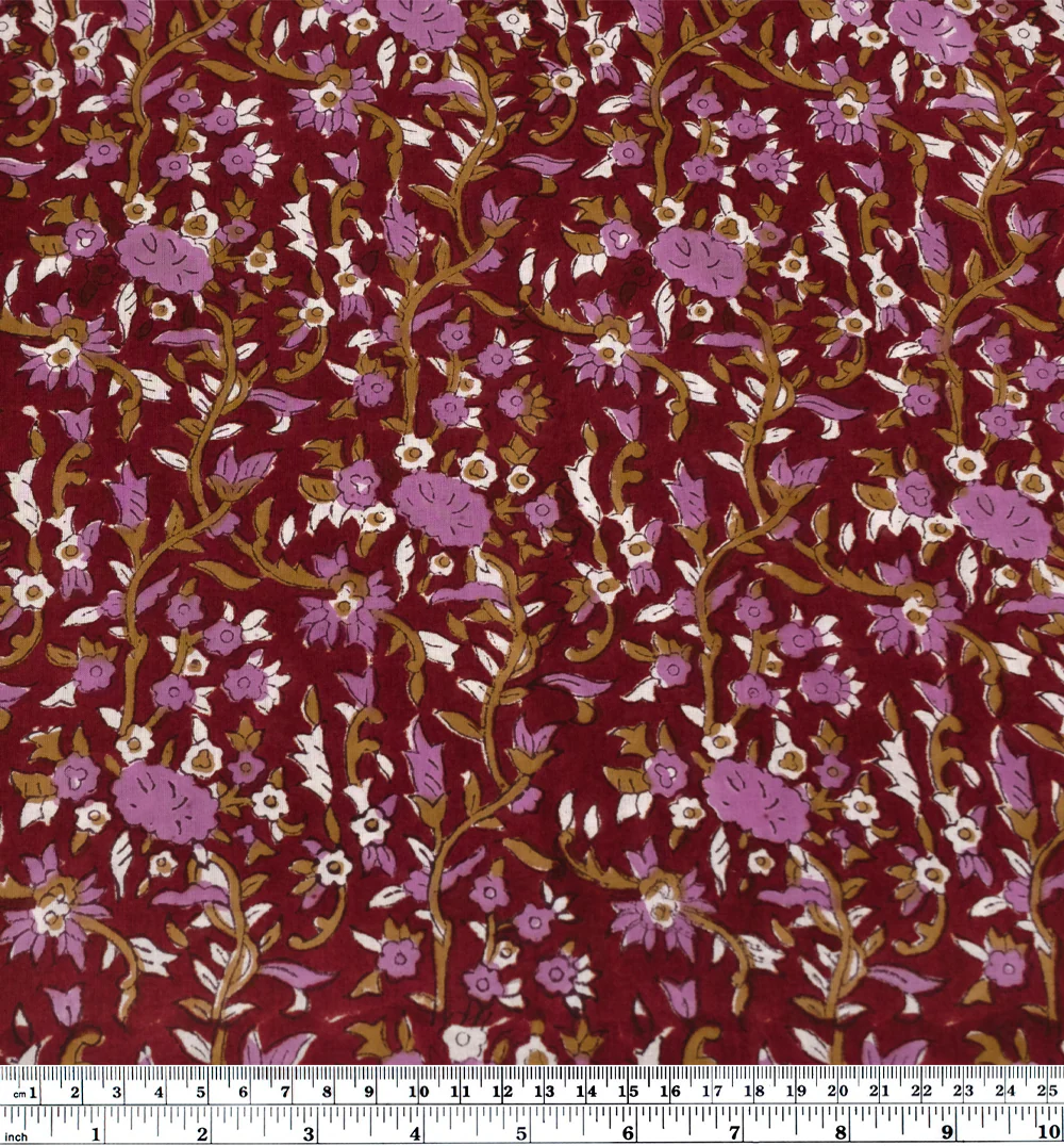 Vine Block Printed Organic Cotton Batiste - Crimson/Ochre/Dahlia - Image 3
