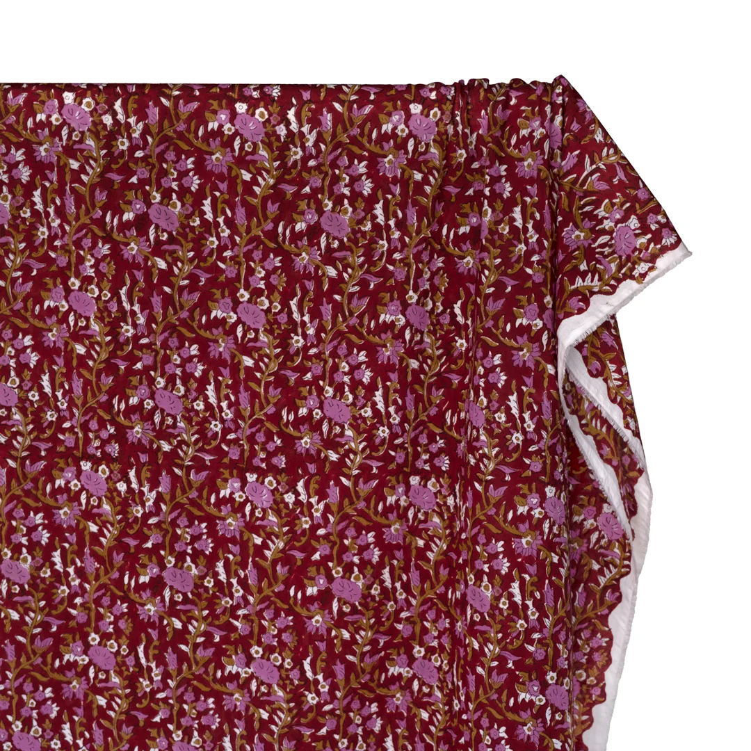 Vine Block Printed Organic Cotton Batiste - Crimson/Ochre/Dahlia - Image 4