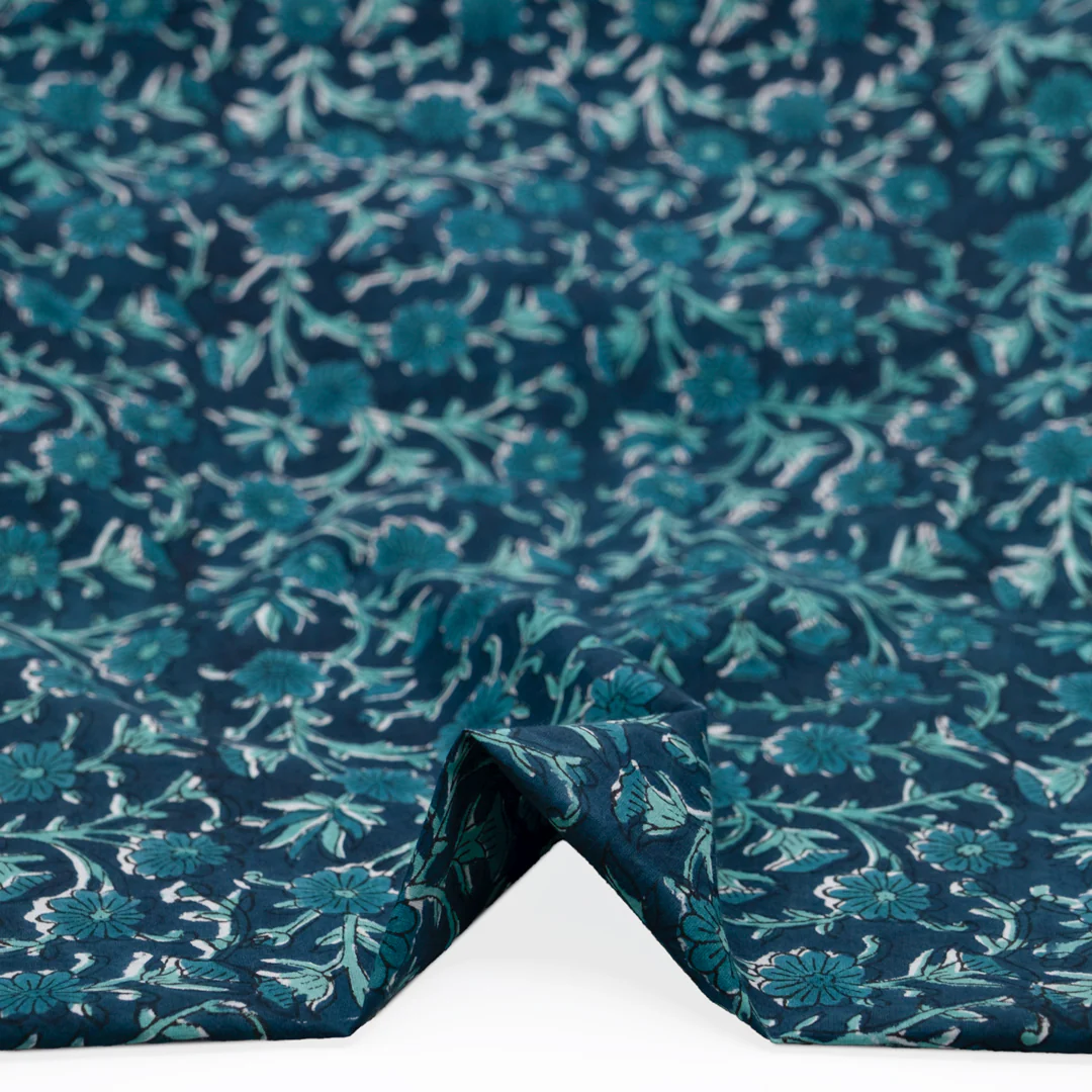 Vine Block Printed Organic Cotton Batiste - Deep Harbour/Turquoise - Image 2