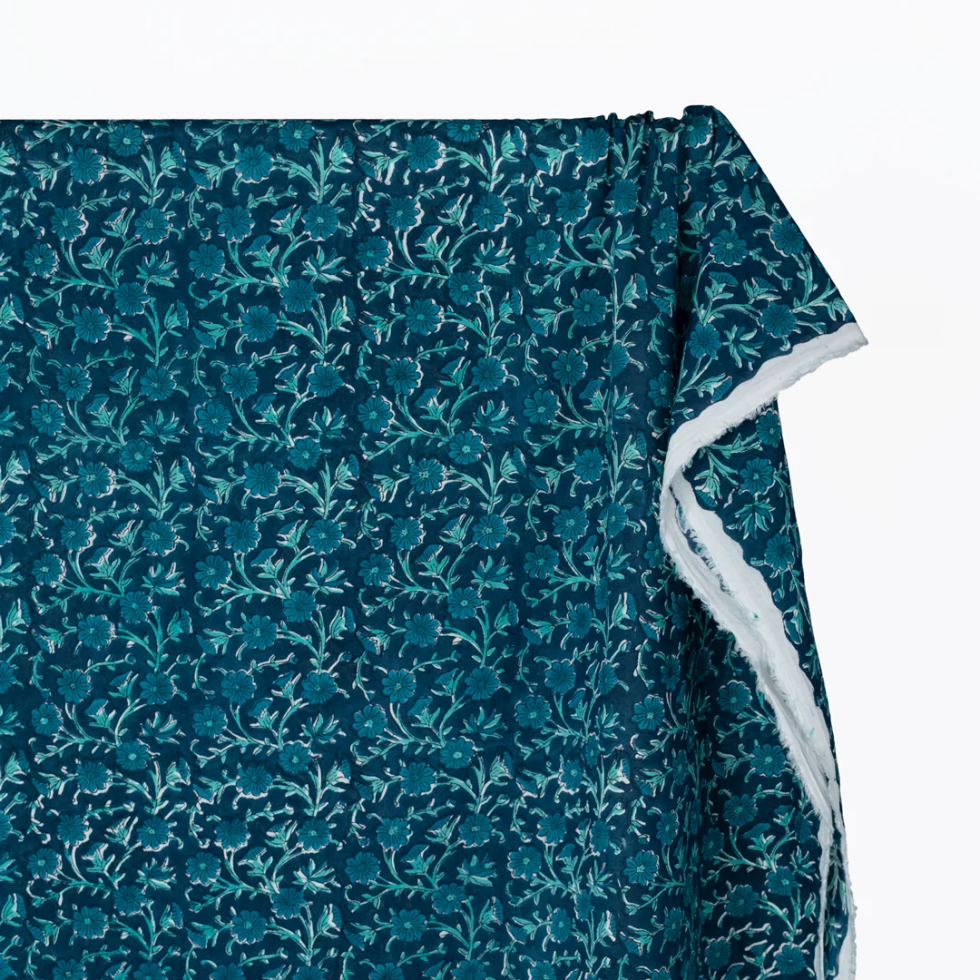 Vine Block Printed Organic Cotton Batiste - Deep Harbour/Turquoise - Image 3