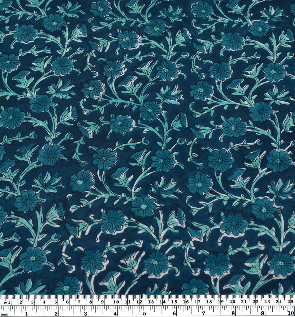 Vine Block Printed Organic Cotton Batiste - Deep Harbour/Turquoise - Image 4