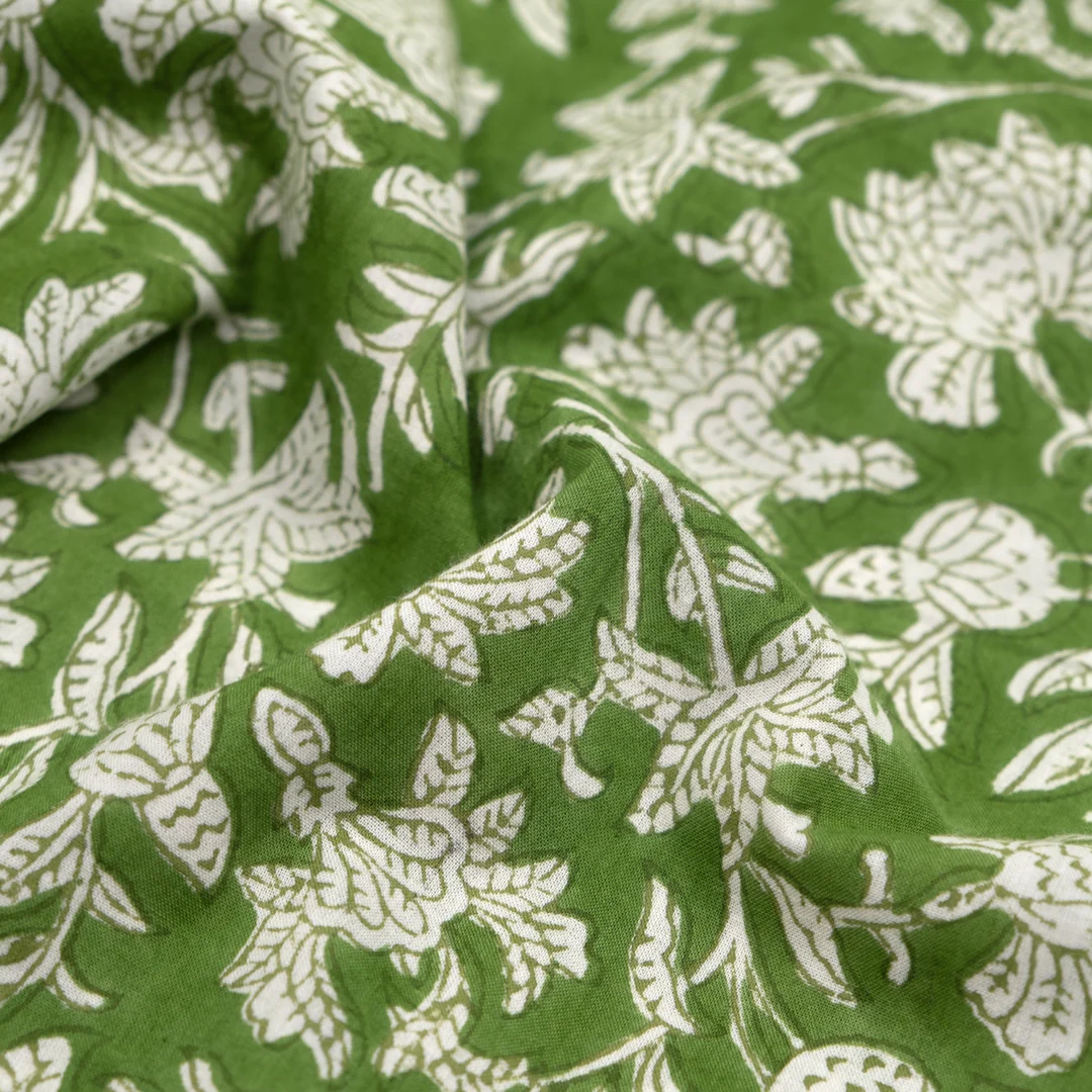Vine Block Printed Organic Cotton Batiste - Grass/White - Image 2