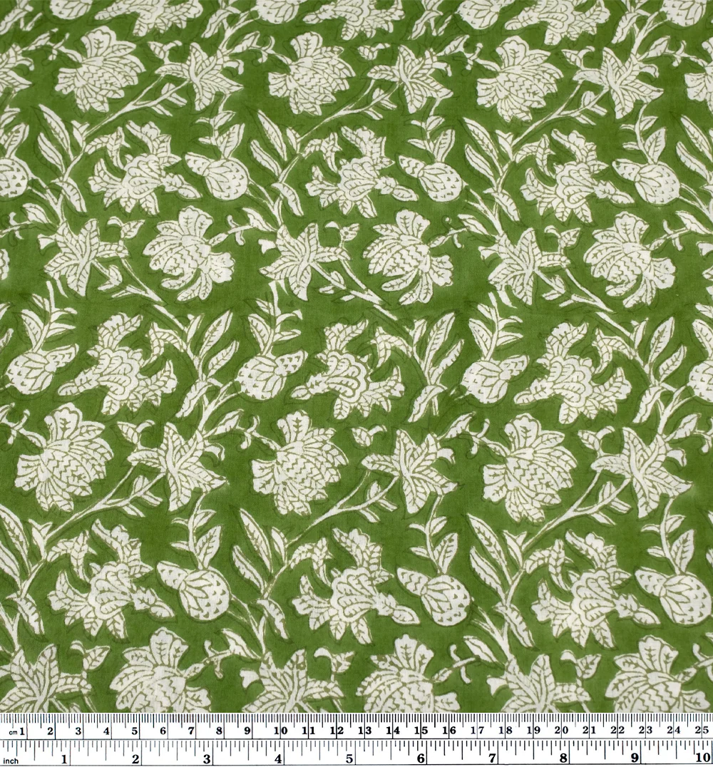 Vine Block Printed Organic Cotton Batiste - Grass/White - Image 3