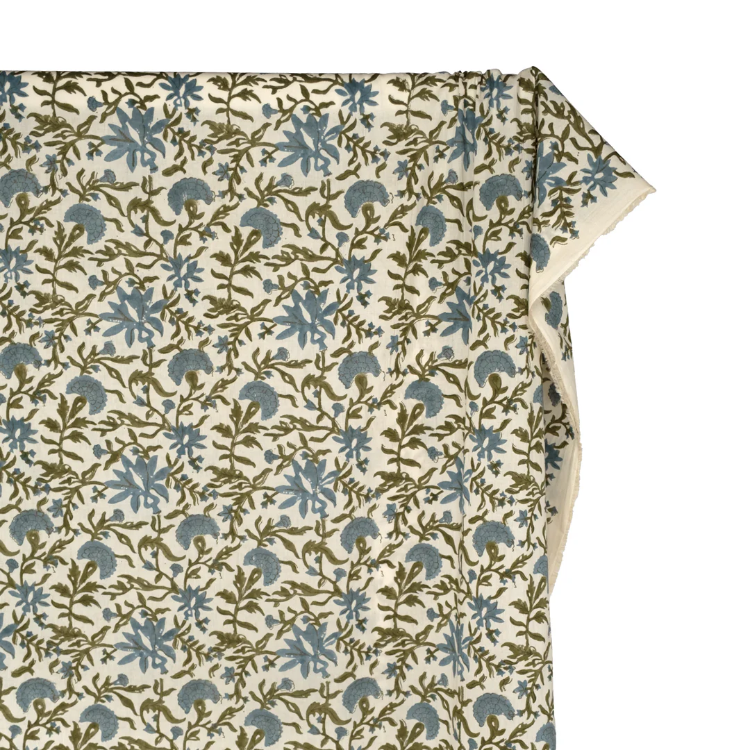 Vine Block Printed Organic Cotton Batiste - Ivory/Ocean Mist/Juniper - Image 3