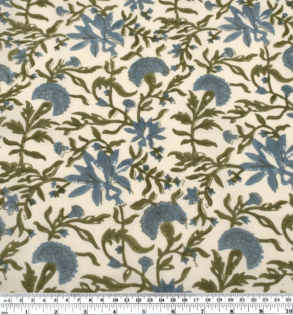 Vine Block Printed Organic Cotton Batiste - Ivory/Ocean Mist/Juniper - Image 4