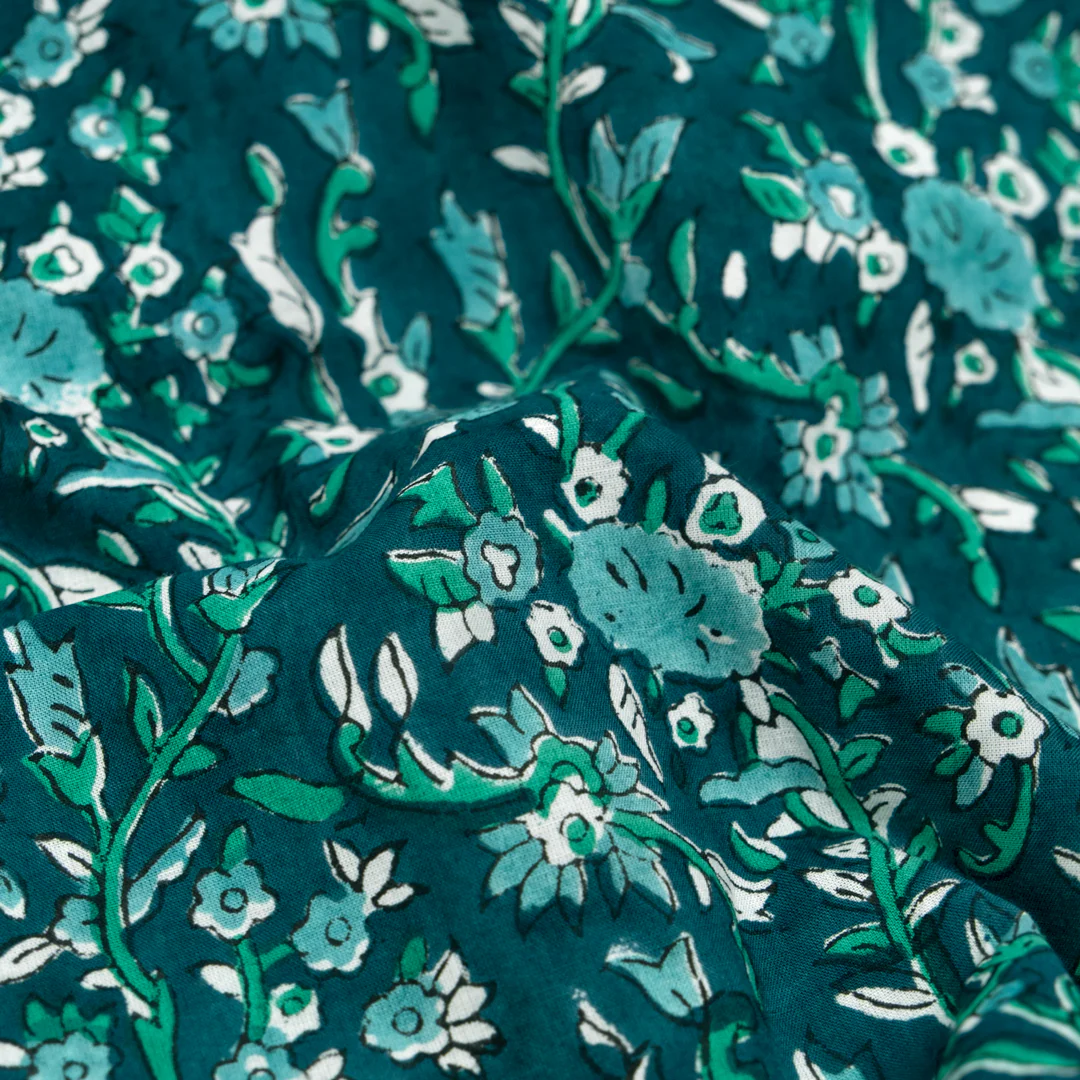 Vine Block Printed Organic Cotton Batiste - Mallard/Teal/Turquoise