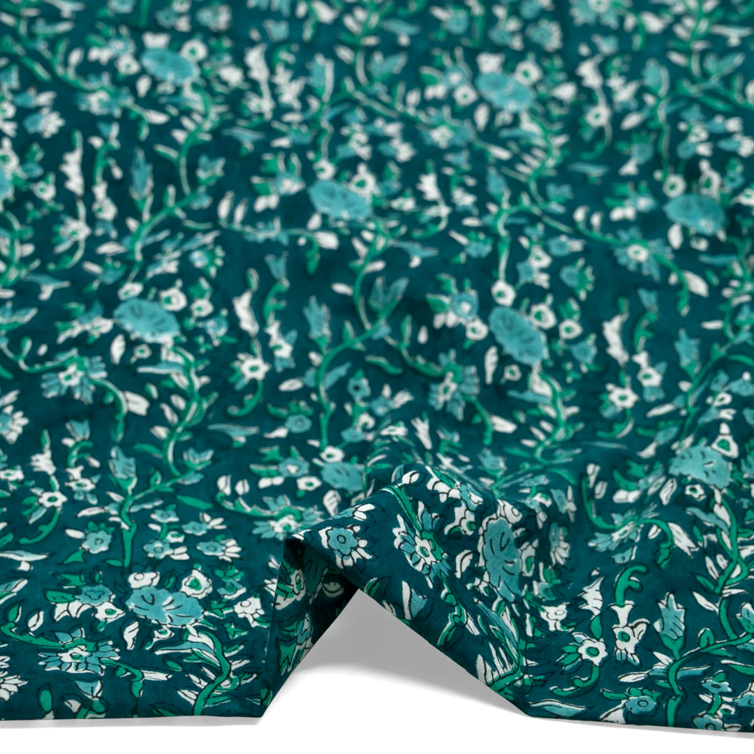 Vine Block Printed Organic Cotton Batiste - Mallard/Teal/Turquoise - Image 2