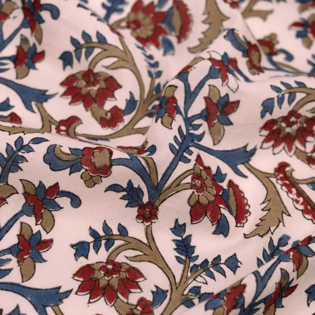 Vine Block Printed Organic Cotton Batiste - Pale Pink/Ocean/Crimson