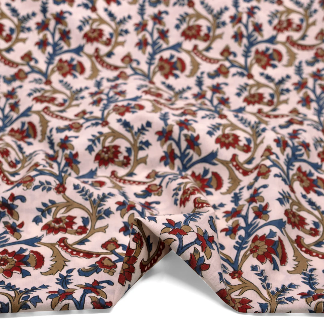 Vine Block Printed Organic Cotton Batiste - Pale Pink/Ocean/Crimson - Image 2