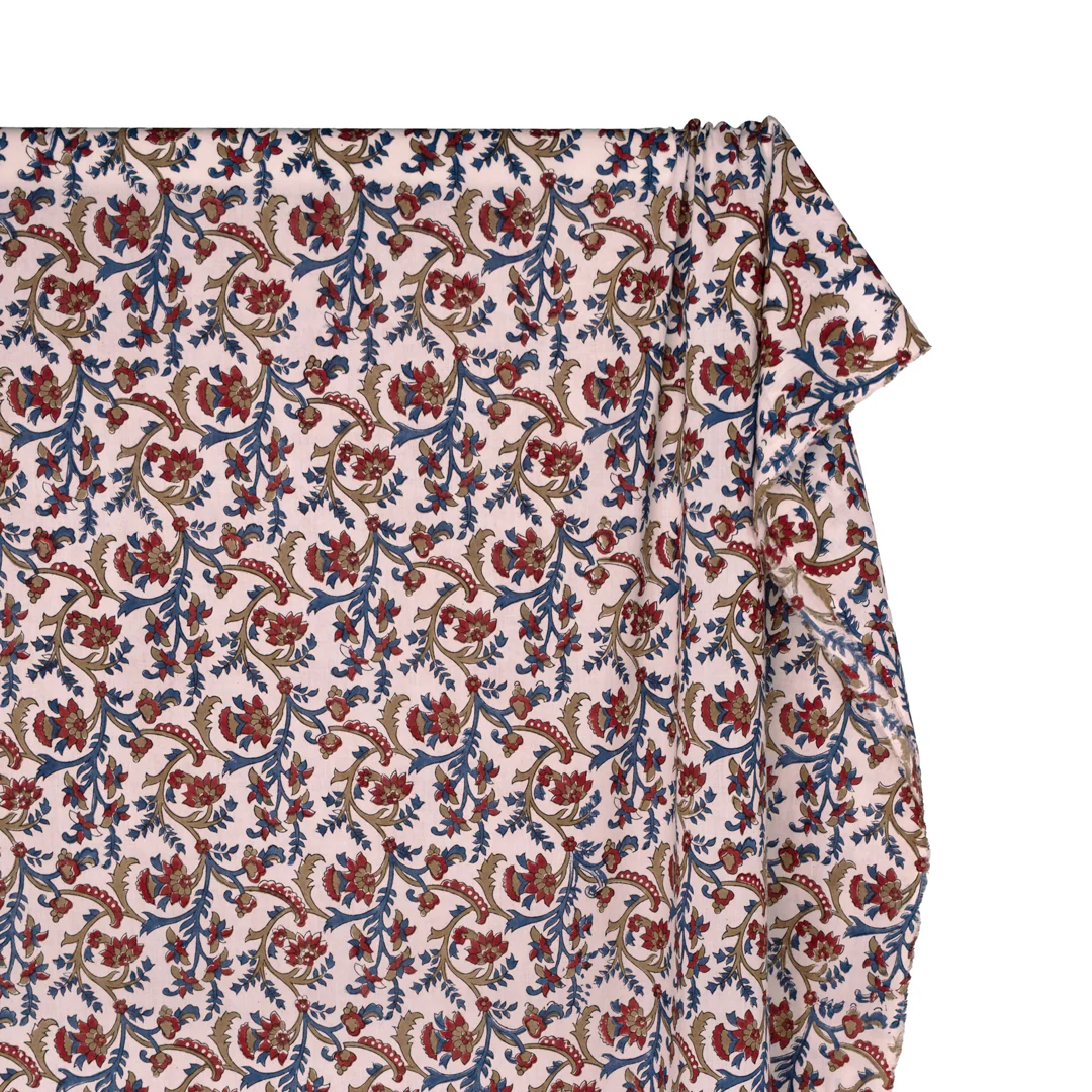 Vine Block Printed Organic Cotton Batiste - Pale Pink/Ocean/Crimson - Image 3