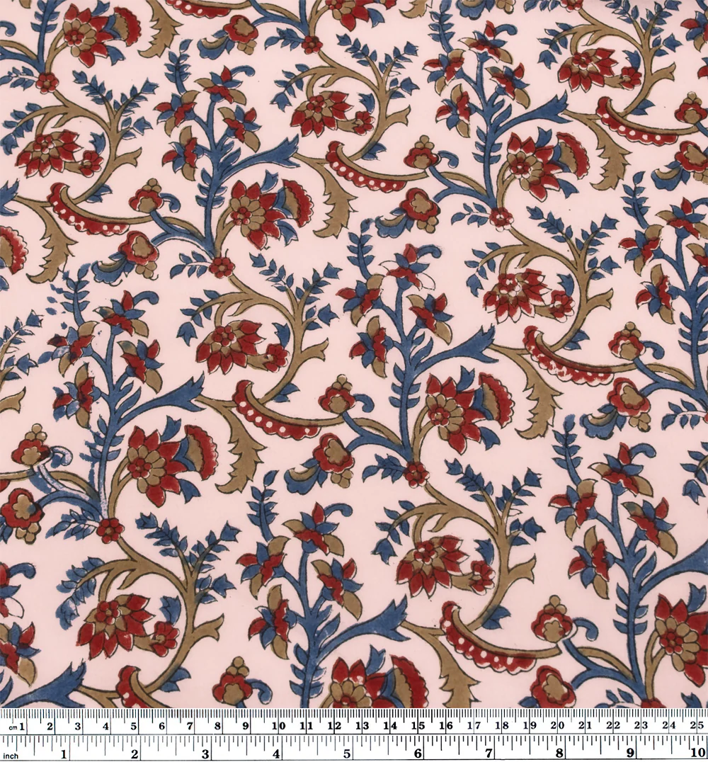 Vine Block Printed Organic Cotton Batiste - Pale Pink/Ocean/Crimson - Image 4