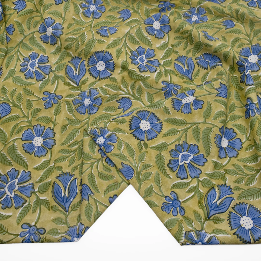 Vine Block Printed Organic Cotton Batiste - Pear/Cornflower