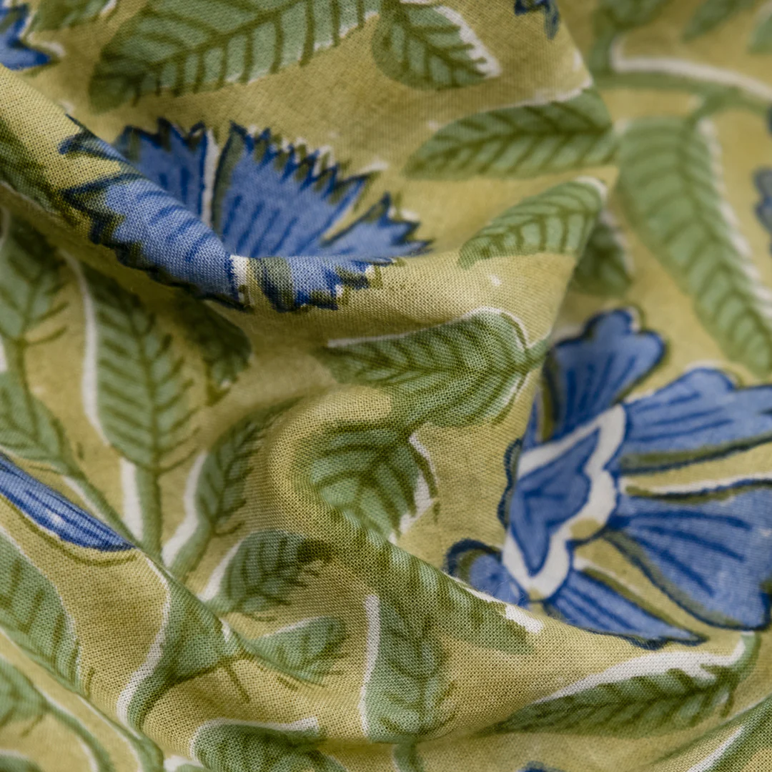 Vine Block Printed Organic Cotton Batiste - Pear/Cornflower - Image 2