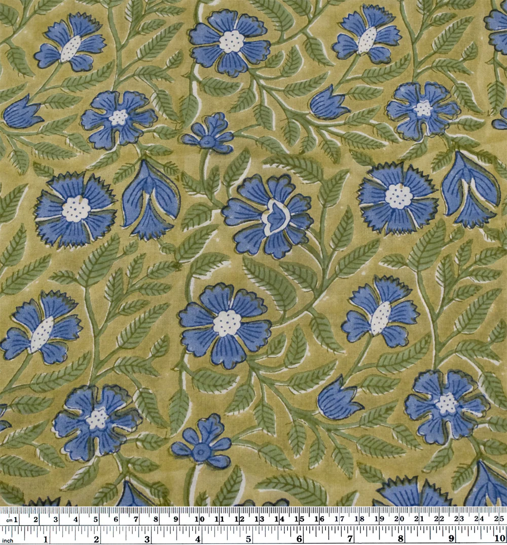 Vine Block Printed Organic Cotton Batiste - Pear/Cornflower - Image 3