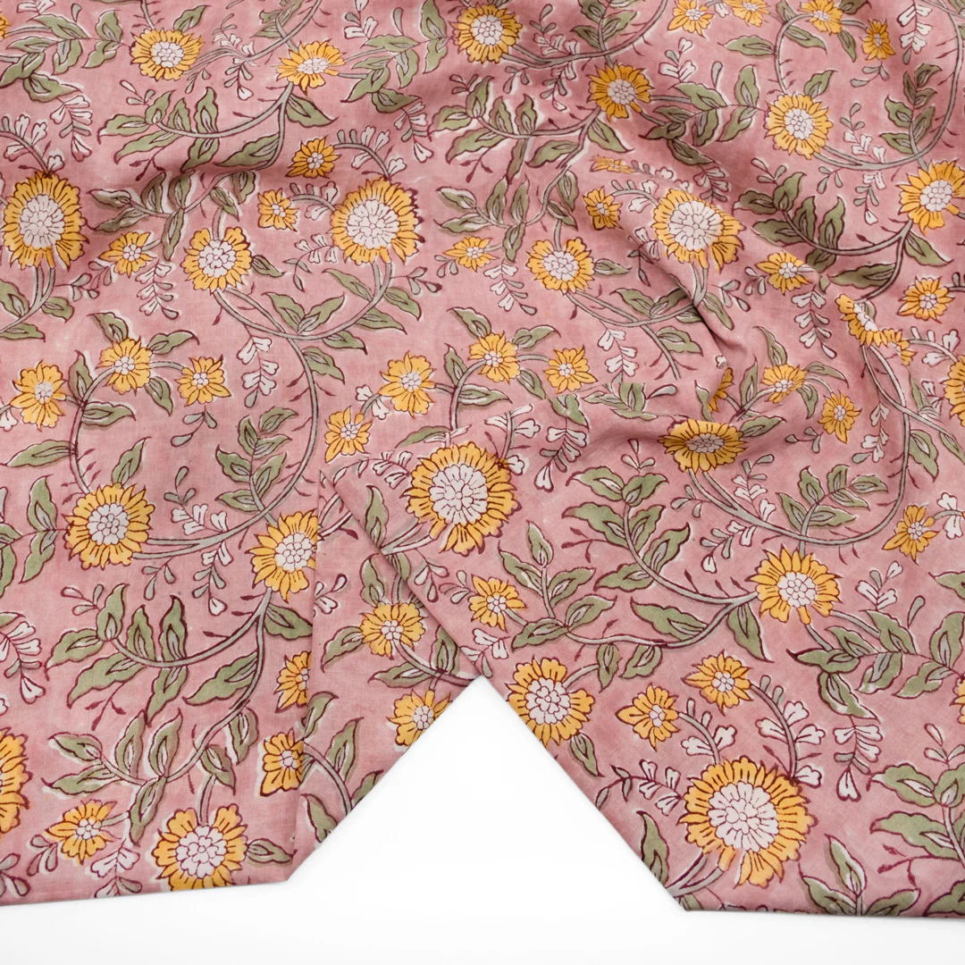 Vine Block Printed Organic Cotton Batiste - Rosette/Buttercup