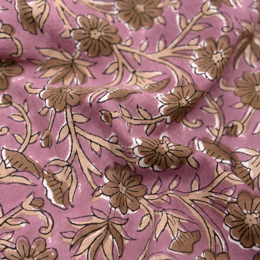 Vine Block Printed Organic Cotton Batiste - Thistle/Crimini