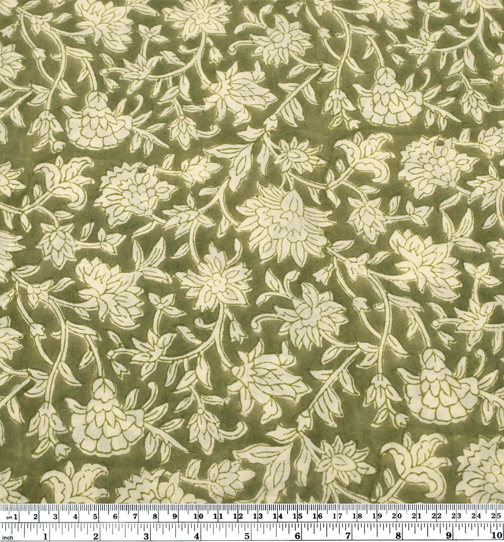 Vine Block Printed Organic Cotton Batiste - Thyme/Ivory - Image 3