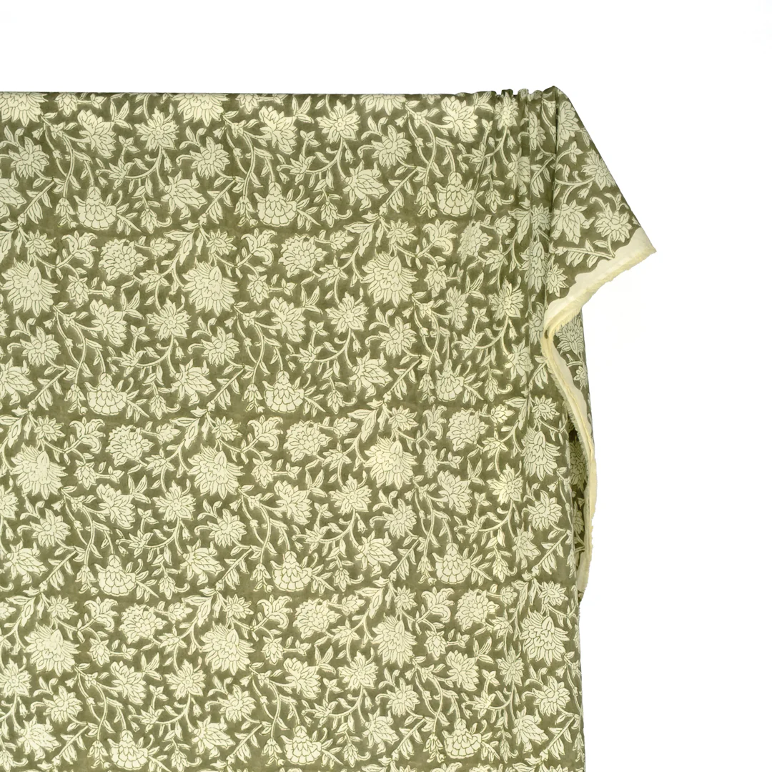 Vine Block Printed Organic Cotton Batiste - Thyme/Ivory - Image 4