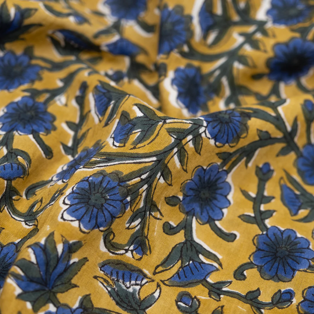 Vine Block Printed Organic Cotton Batiste - Vintage Gold/Hunter Green/Lapis