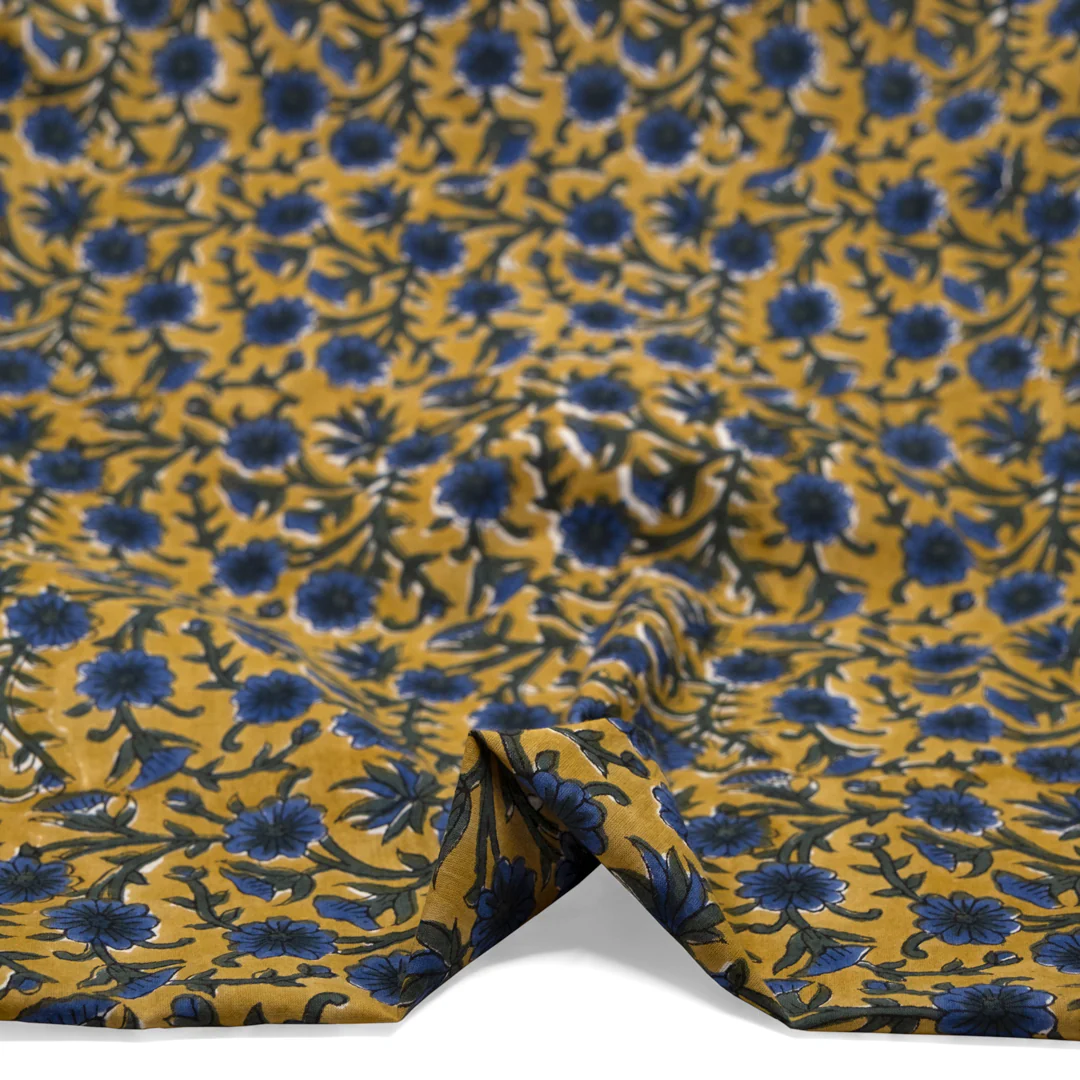 Vine Block Printed Organic Cotton Batiste - Vintage Gold/Hunter Green/Lapis - Image 2