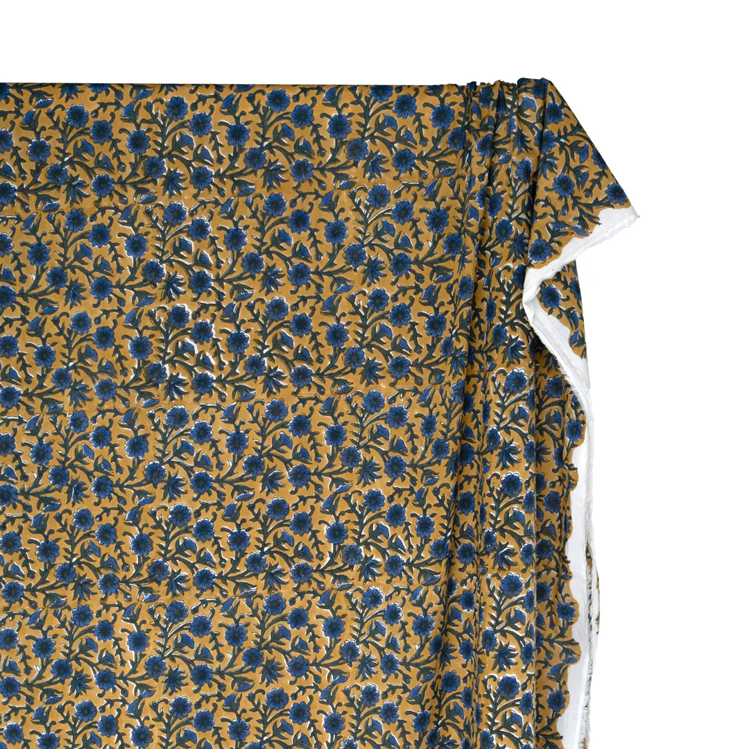Vine Block Printed Organic Cotton Batiste - Vintage Gold/Hunter Green/Lapis - Image 3