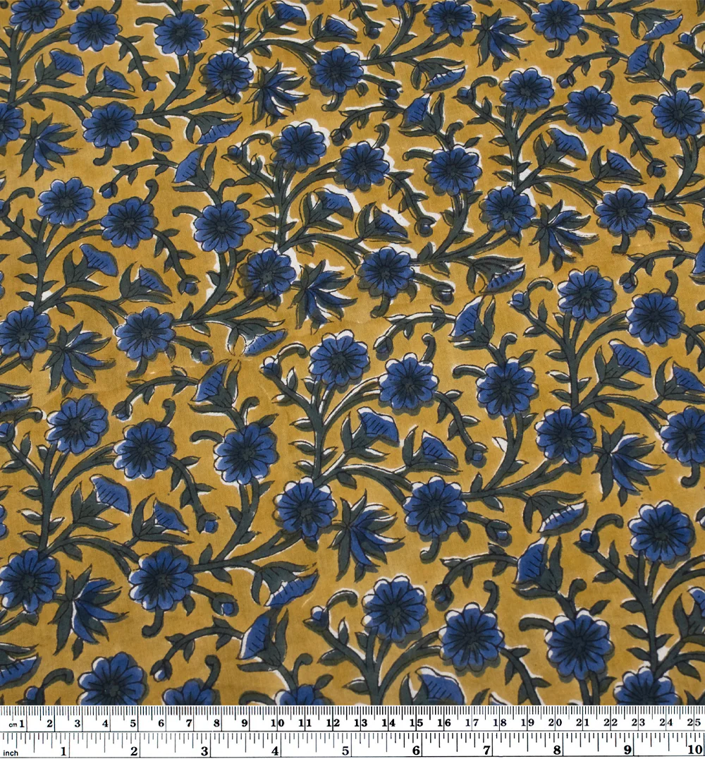 Vine Block Printed Organic Cotton Batiste - Vintage Gold/Hunter Green/Lapis - Image 4