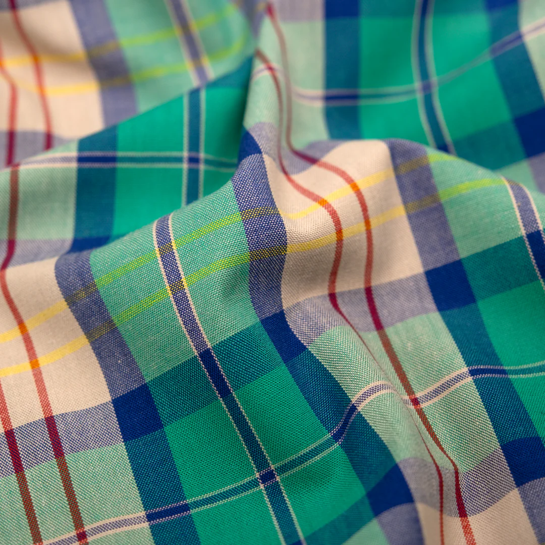 Vivid Plaid Cotton Shirting - Viridian/Multi