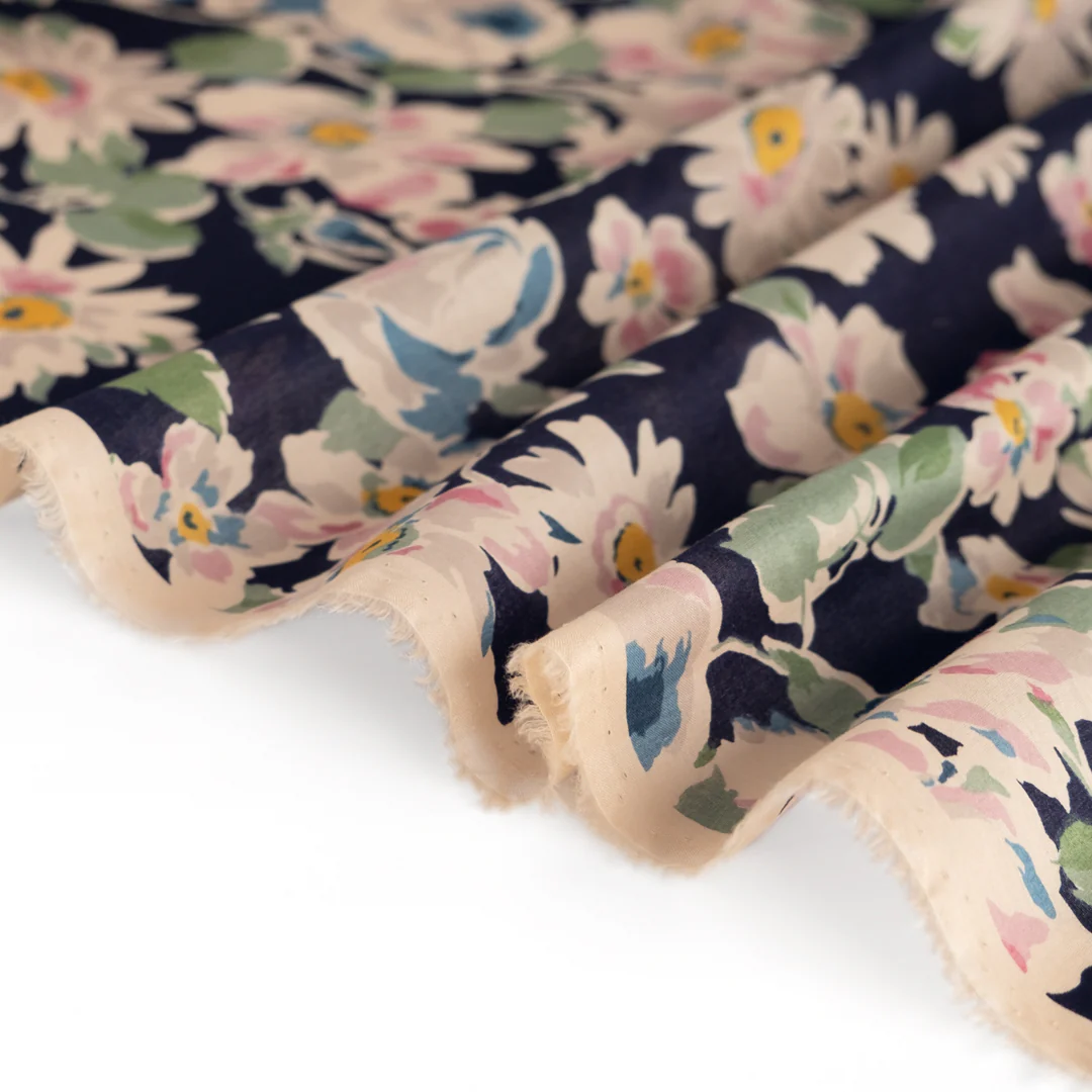 Watercolour Floral Print Cotton Voile - Navy/Sage - Image 3