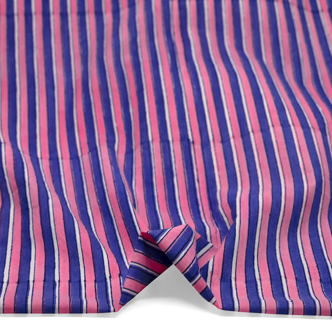 Wide Stripe Block Printed Organic Cotton Batiste - Candy Pink/Blueberry - Image 2