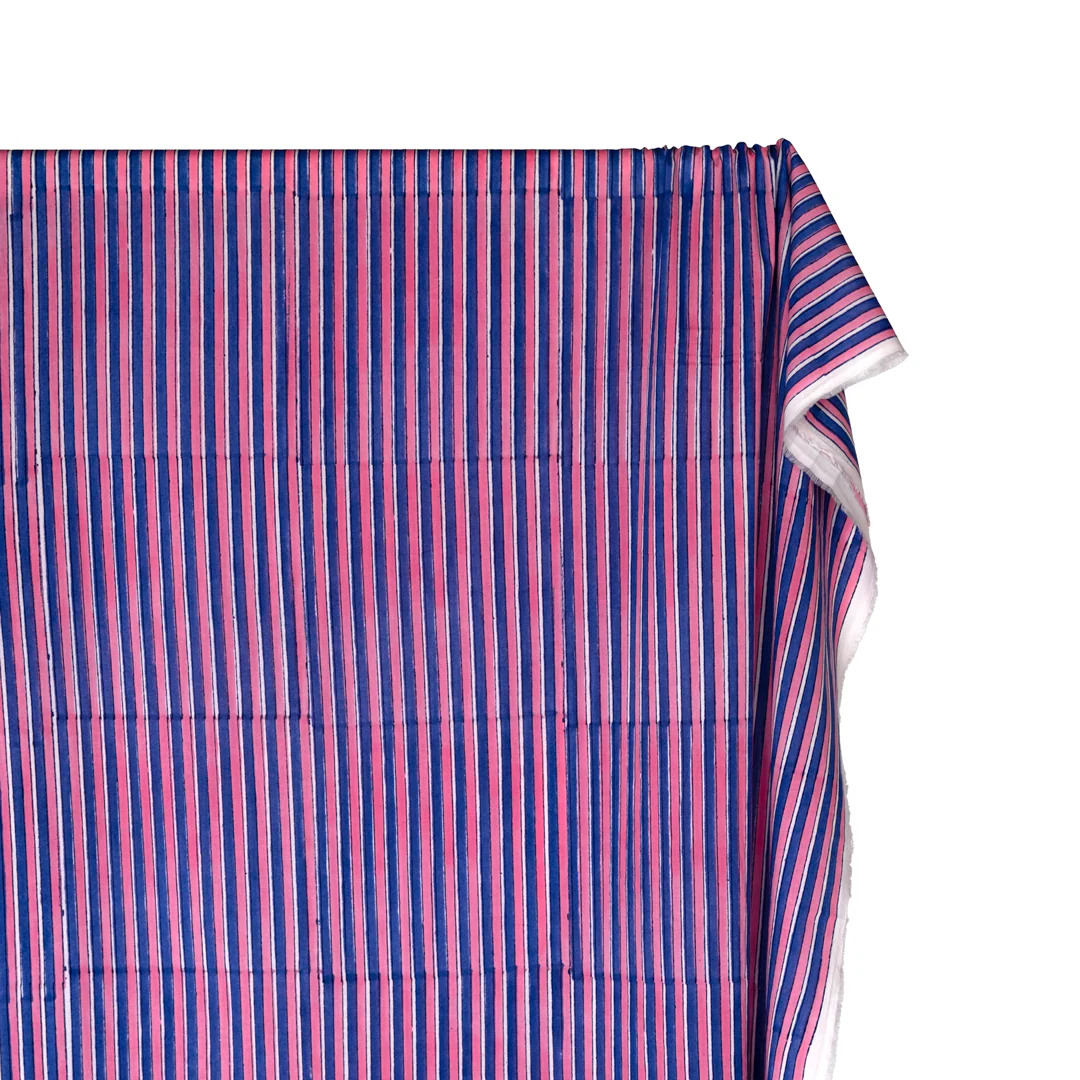 Wide Stripe Block Printed Organic Cotton Batiste - Candy Pink/Blueberry - Image 4