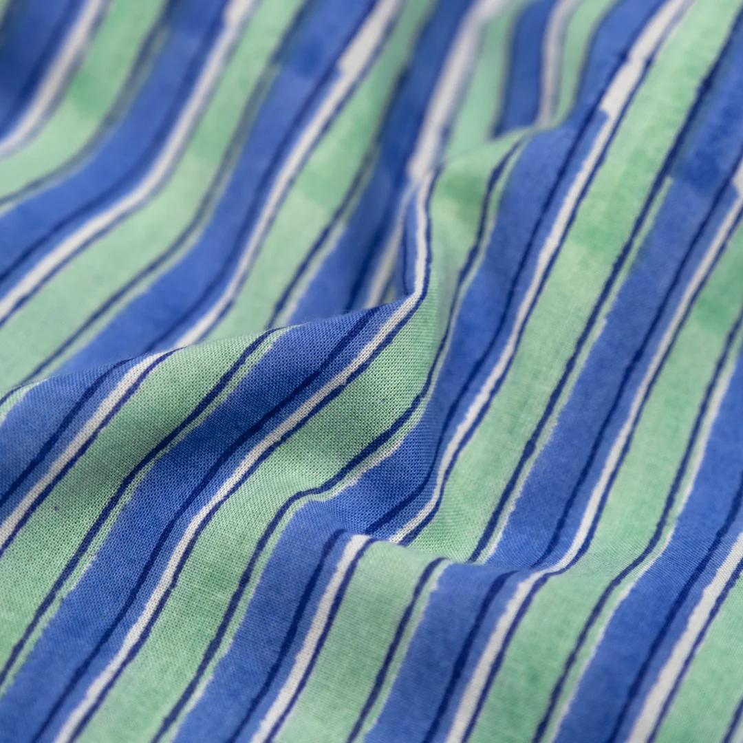 Wide Stripe Block Printed Organic Cotton Batiste - Celadon/Pacific