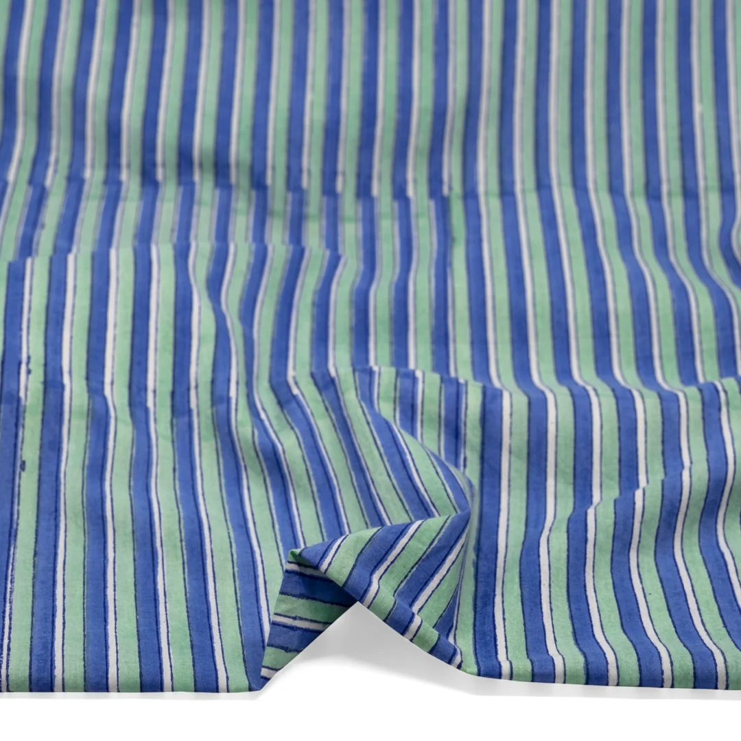 Wide Stripe Block Printed Organic Cotton Batiste - Celadon/Pacific - Image 2