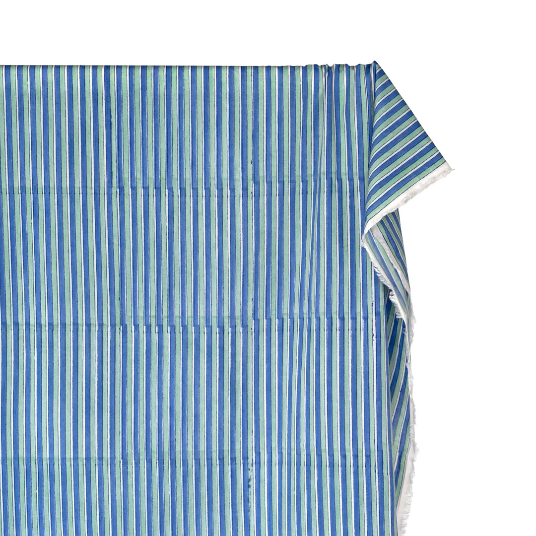 Wide Stripe Block Printed Organic Cotton Batiste - Celadon/Pacific - Image 4