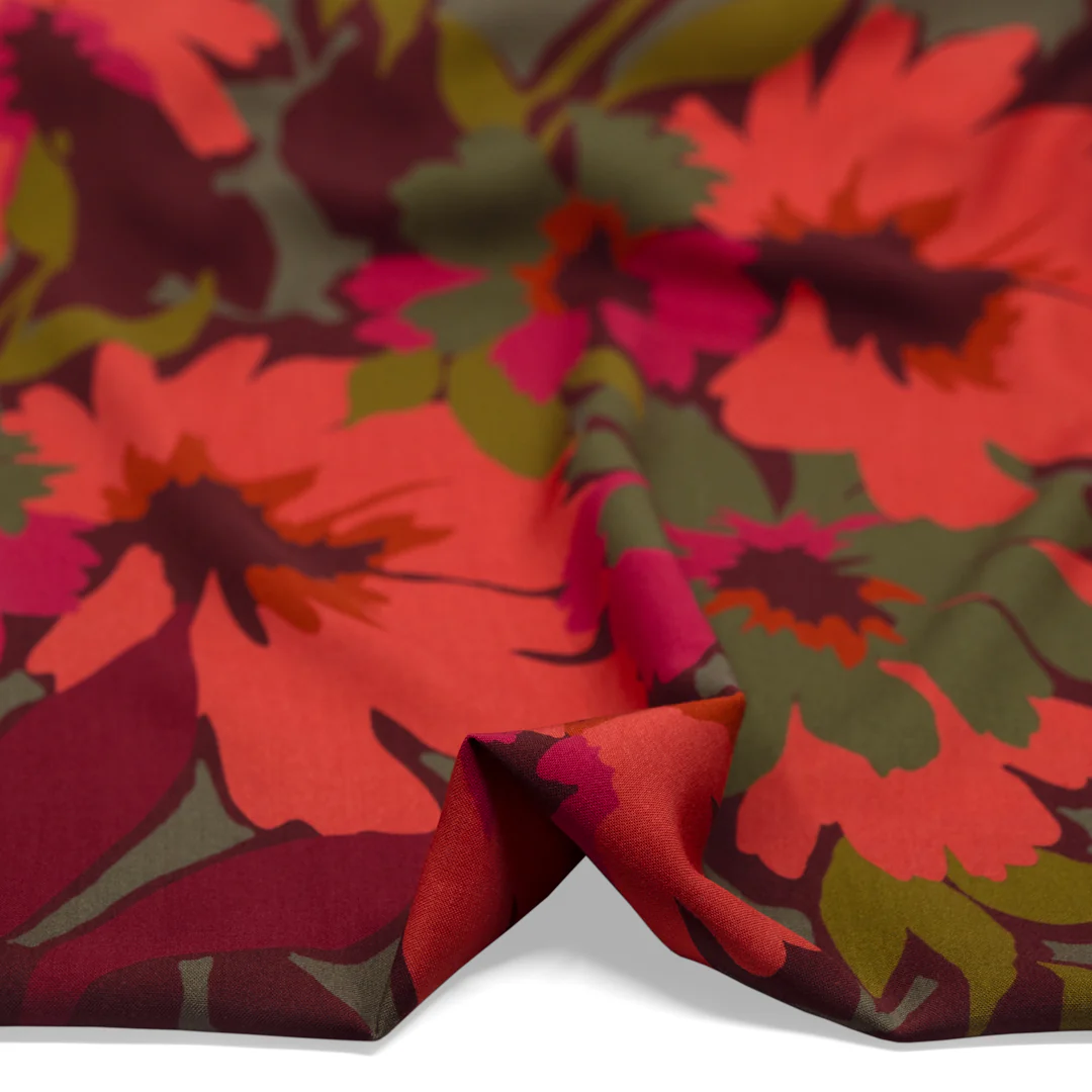 Wild Overgrowth Printed Viscose Challis - Maroon/Papaya/Grass - Image 3