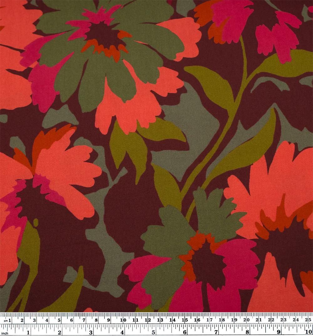 Wild Overgrowth Printed Viscose Challis - Maroon/Papaya/Grass - Image 4