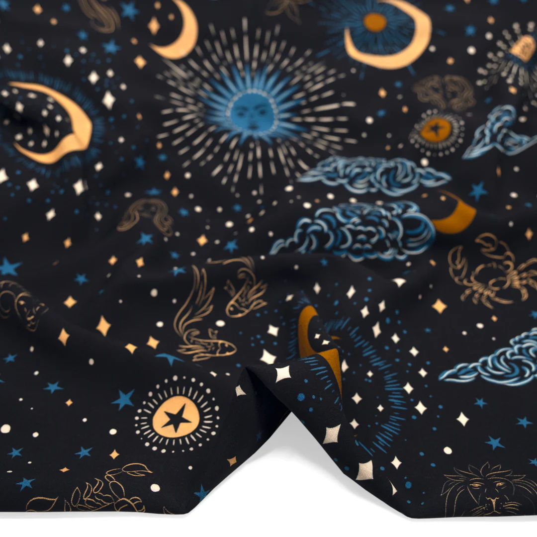 Written In The Stars Printed Viscose Challis - Midnight Blue/Ocean/Ochre